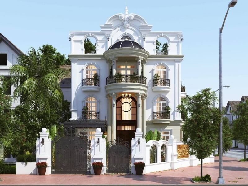 Biệt thự tân cổ điển trắng với ban công sắt rèn và cây xanh xung quanh.