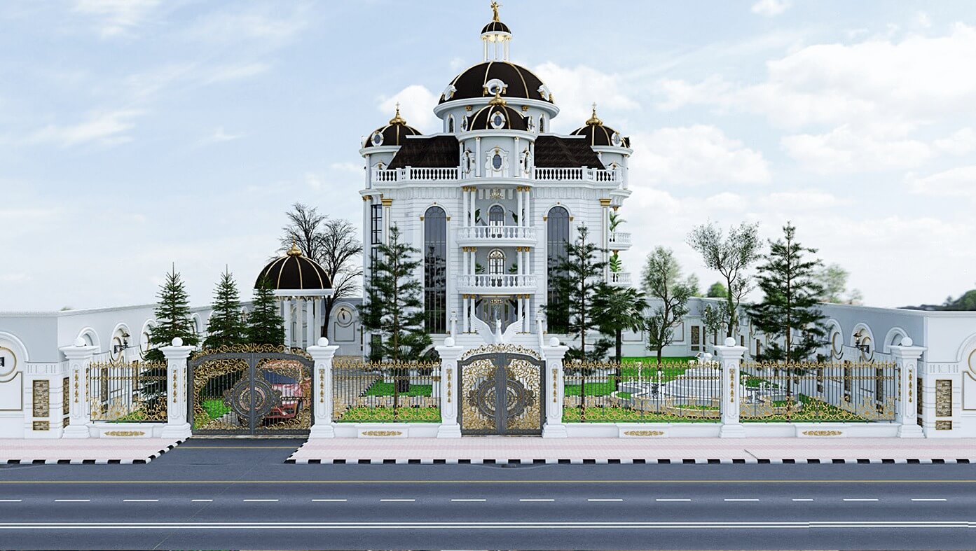 Biệt thự sang trọng với kiến trúc cổ điển, cổng sắt hoa văn nghệ thuật, khuôn viên rộng cây xanh, bầu trời trong xanh.