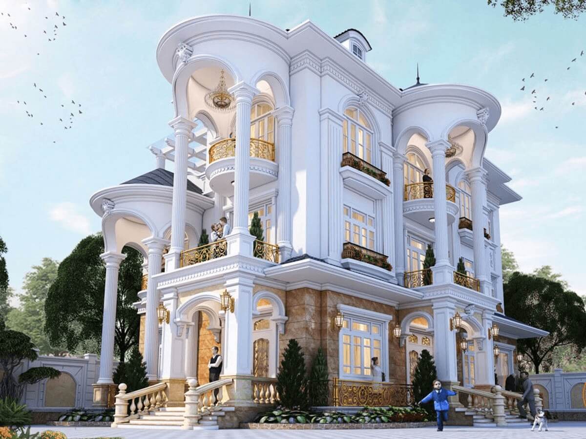 Biệt thự sang trọng 3 tầng kiểu tân cổ điển, tông màu trắng, có cột trụ và lan can trang trí công phu.