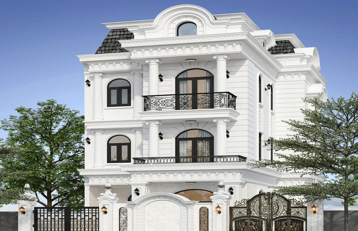 Biệt thự phong cách tân cổ điển trắng với cột trụ, ban công sắt rèn tinh xảo, cây xanh xung quanh trời xanh.