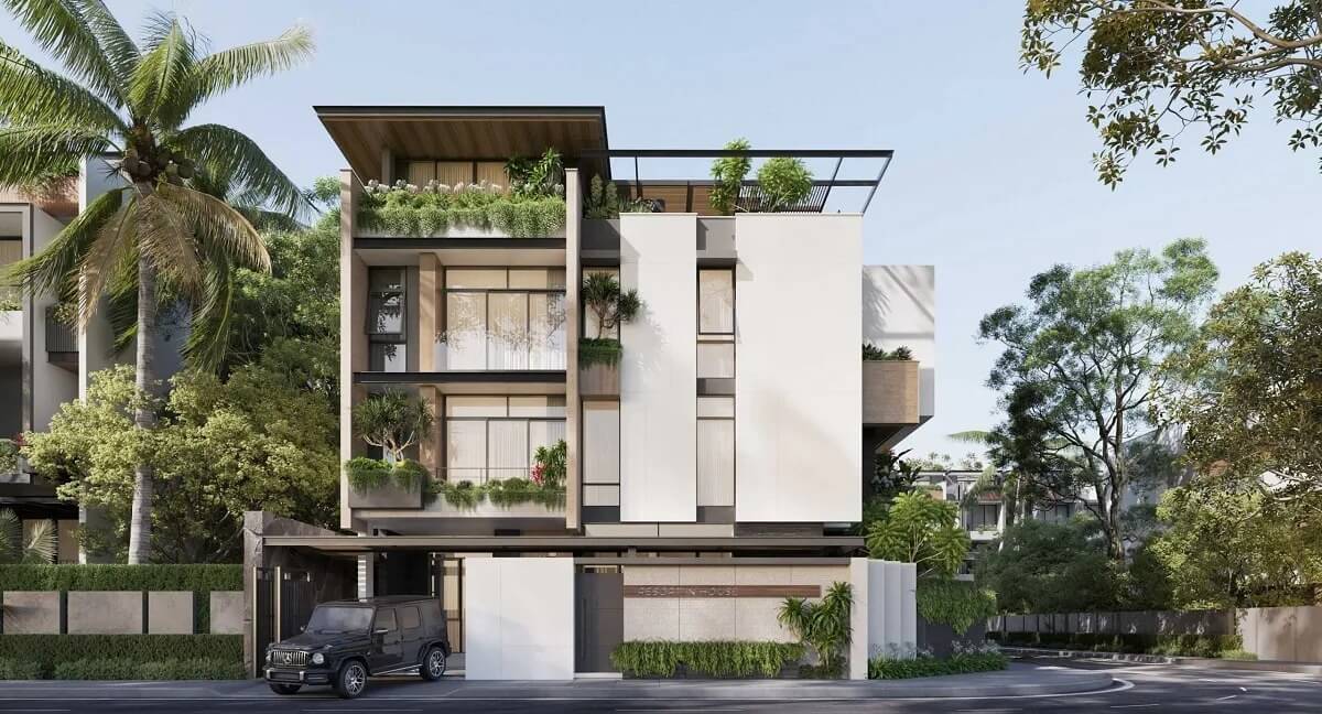 Biệt thự hiện đại với nhiều cây xanh xung quanh, kiến trúc cửa sổ lớn và thiết kế sân thượng xanh.