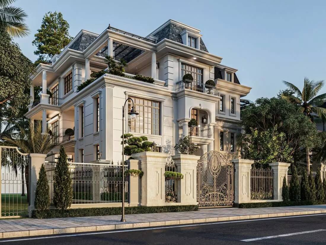 Biệt thự sang trọng bốn tầng với sân vườn xanh mát, cổng sắt cổ điển trên con đường sạch sẽ, gần cây cối xanh tươi.