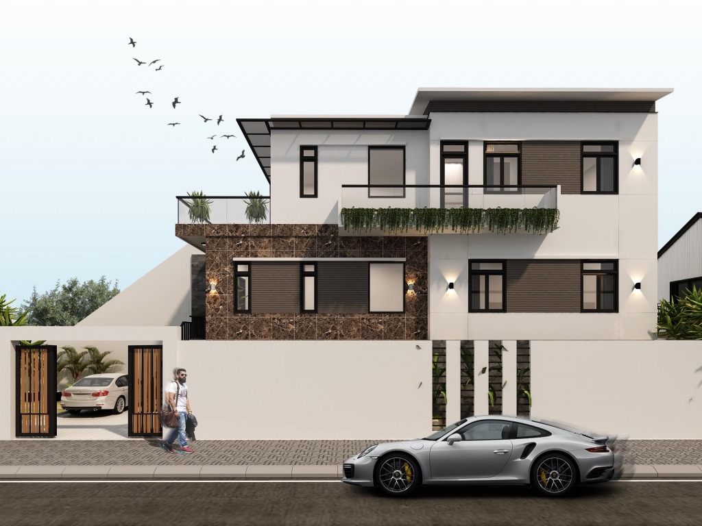 Ngôi nhà hiện đại 2 tầng với xe hơi đỗ trước cổng và người đi bộ trên vỉa hè.