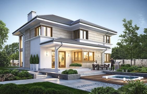 Biệt thự hiện đại hai tầng với sân vườn xanh mát và hồ bơi nhỏ, ánh sáng tự nhiên buổi chiều.