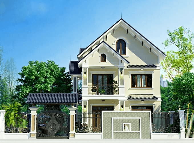 Biệt thự hai tầng hiện đại, mái ngói xanh, sân vườn rộng lớn, cây xanh bao quanh, cổng sắt sang trọng.