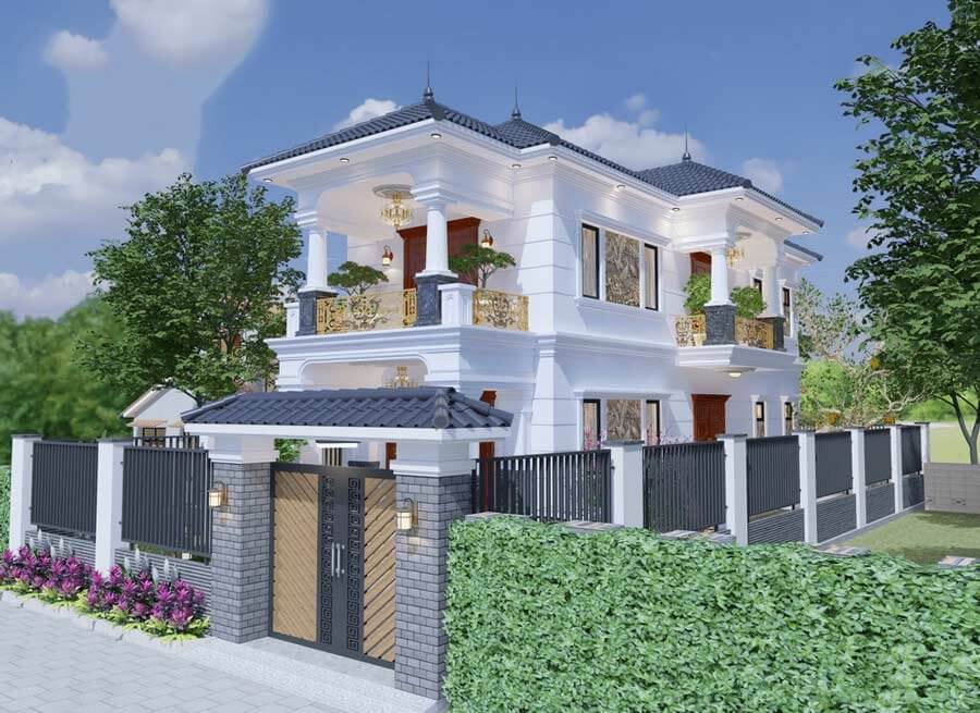 Biệt thự hai tầng màu trắng với sân vườn xanh, hàng rào sang trọng và cửa cổng gỗ, kiến trúc hiện đại.