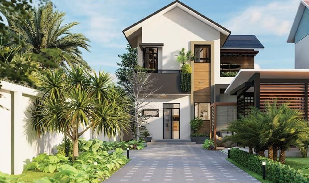 Ngôi nhà hiện đại với sân vườn xanh mát, cây cối xung quanh lối vào, tạo không gian sống thoải mái và thư giãn.