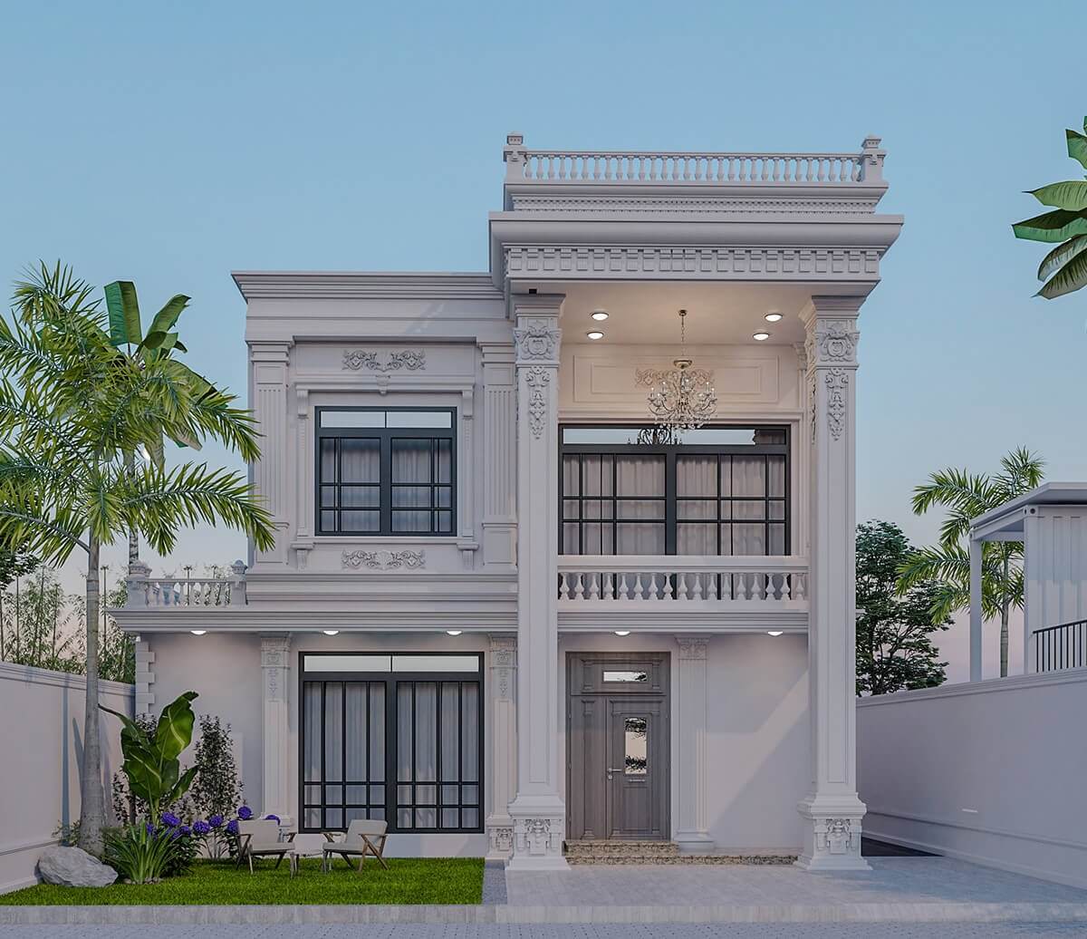 biet-thu-mini-2-tang-co-dien-4 Ngôi nhà hai tầng màu trắng với thiết kế cổ điển, sân vườn xanh mát và ban công rộng rãi dưới bầu trời trong xanh.