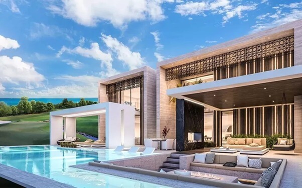 Biệt thự hiện đại với hồ bơi và không gian ngoài trời thoáng đãng, bên cạnh khung cảnh thiên nhiên yên bình.