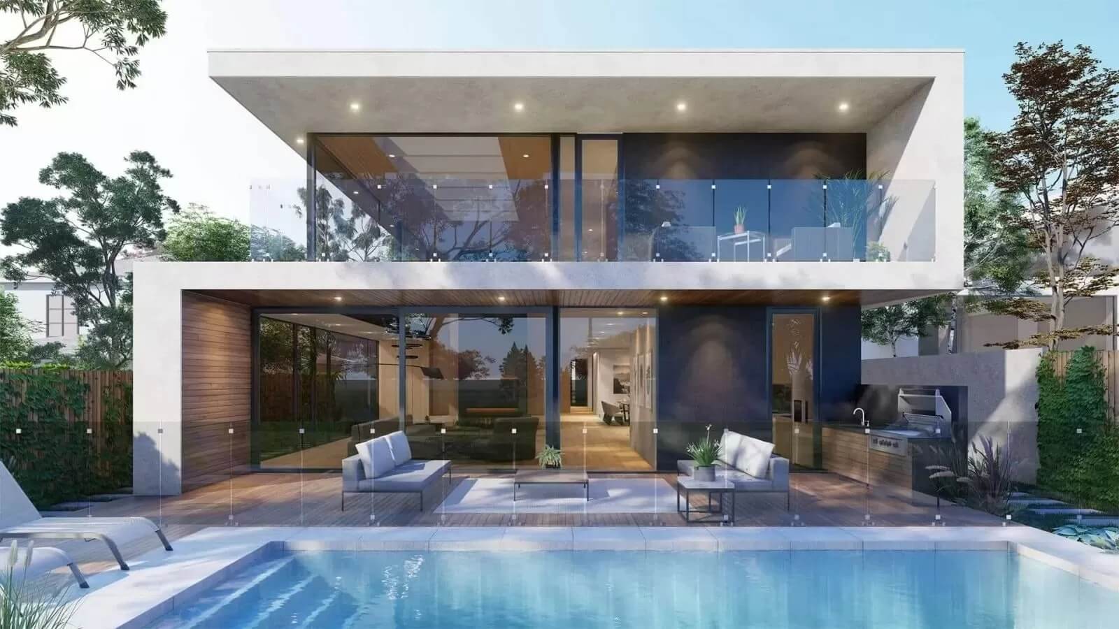 biet-thu-mini-2-tang-co-ho-boi-4 Biệt thự hiện đại với hồ bơi, nội thất kính và sân vườn xanh tươi. Cảnh quan thư giãn và sang trọng.