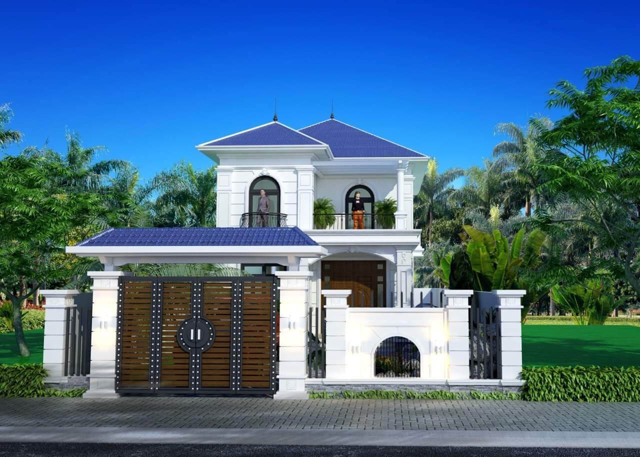 Nhà phố hiện đại hai tầng với mái ngói xanh, cổng lớn và sân vườn xanh mướt, trời trong xanh.