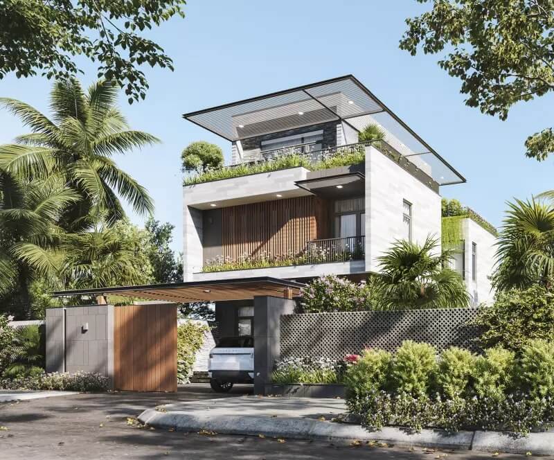 Nhà hiện đại ba tầng với nhiều cây xanh, thiết kế mở, gara rộng rãi và kiến trúc ấn tượng.