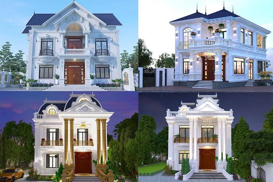 Bộ sưu tập bốn ngôi biệt thự phong cách châu Âu sang trọng, mặt tiền trắng và thiết kế tinh tế.