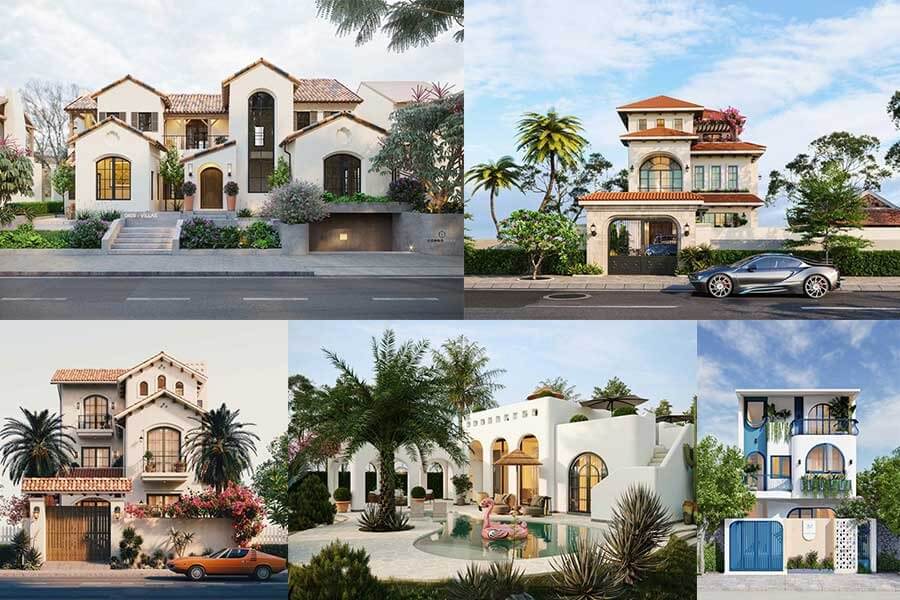 Biệt thự hiện đại: Thiết kế đa dạng với cây xanh và xe ô tô thể thao đậu ngoài khung cảnh đường phố.