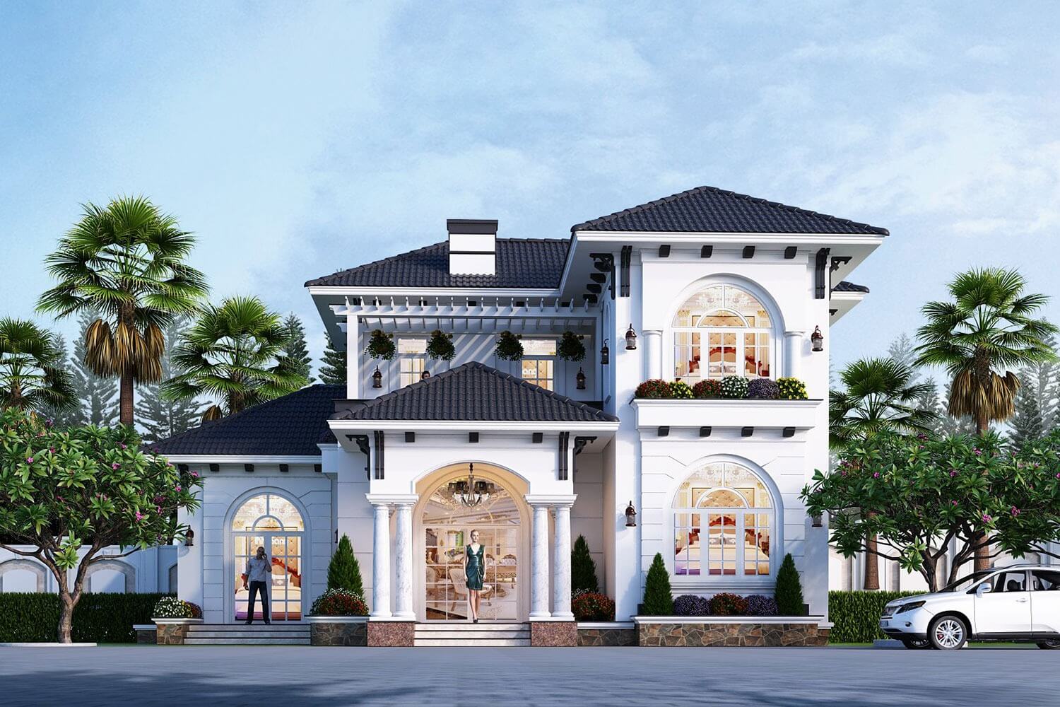 biet-thu-mini-2-tang-phong-cach-dia-trung-hai-co-loi-di-trai-soi-rong-dan-vao-ngoi-nha-va-cho-dau-xe-co-mai-che Biệt thự mini 2 tầng phong cách Địa Trung Hải có lối đi trải sỏi rộng dẫn vào ngôi nhà và chỗ đậu xe có mái che