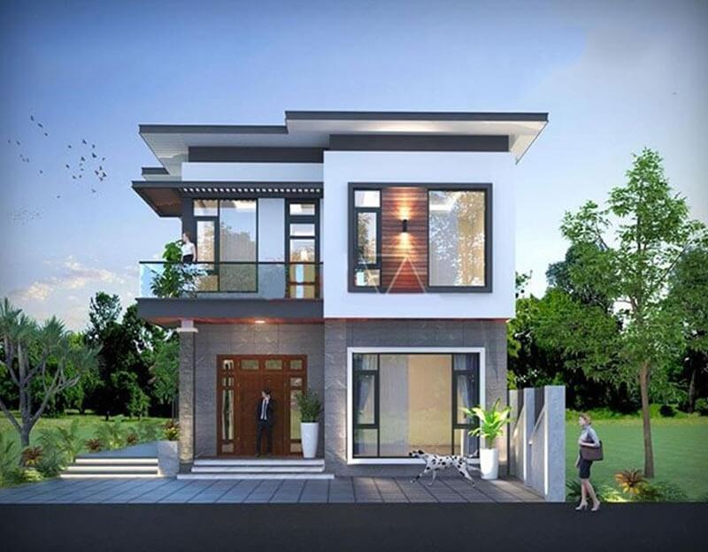 Nhà hiện đại hai tầng với cửa kính lớn, sân vườn xanh, người và động vật phía trước.