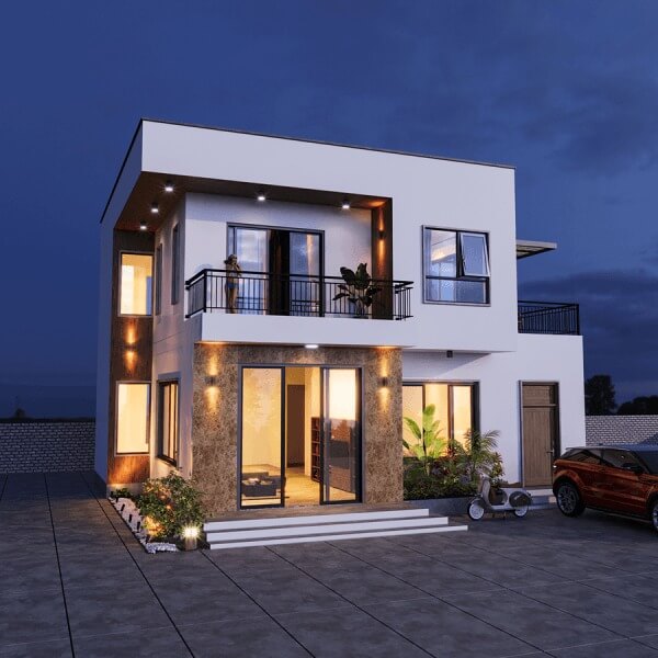 biet-thu-mini-2-tang-phong-cach-hien-dai-4 Nhà hai tầng hiện đại với ánh đèn sáng, xe hơi và xe máy trước sân, bầu trời đêm tối màu.