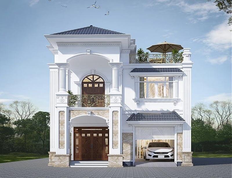 Nhà biệt thự hai tầng hiện đại với sân thượng và gara ô tô, thiết kế kiến trúc sang trọng.