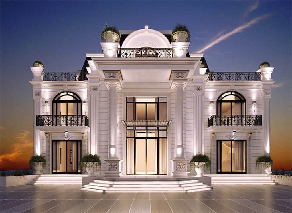 biet-thu-mini-2-tang-tan-co-dien-4 Biệt thự sang trọng phong cách cổ điển, mặt tiền rộng với ánh sáng đèn rực rỡ vào lúc hoàng hôn.