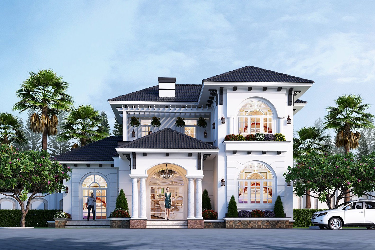 Biệt thự sang trọng, mái ngói xanh, cửa sổ lớn, cây cối xanh tươi, xe hơi trắng đậu trước nhà.