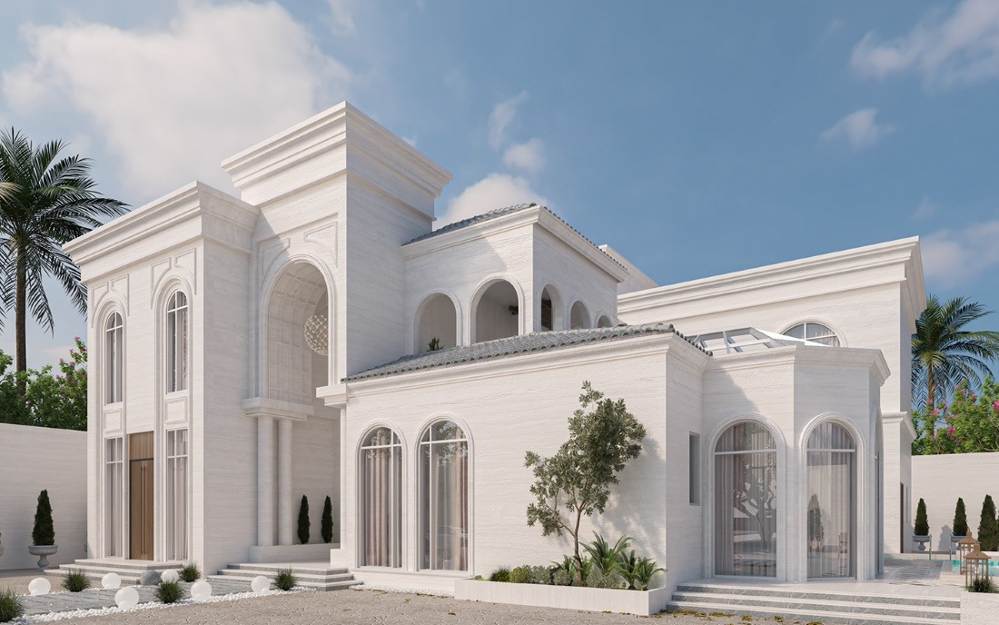 Biệt thự trắng kiến trúc tân cổ điển với cửa sổ vòm lớn, cột trụ và vườn nhiệt đới.