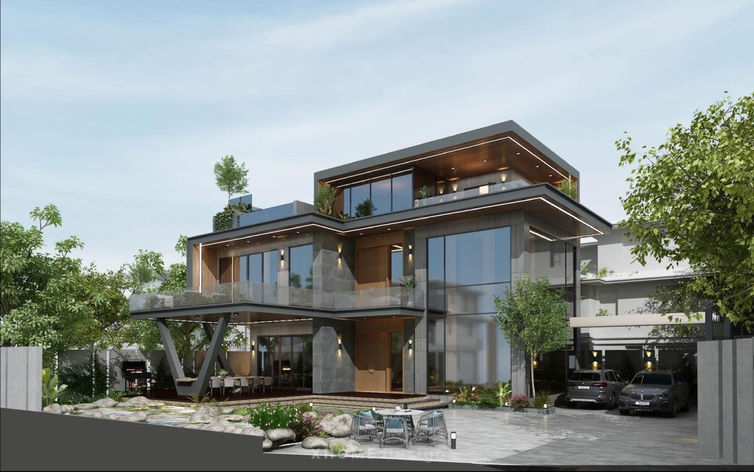 Ngôi nhà hiện đại với thiết kế kính lớn, xung quanh là cây xanh và sân rộng.