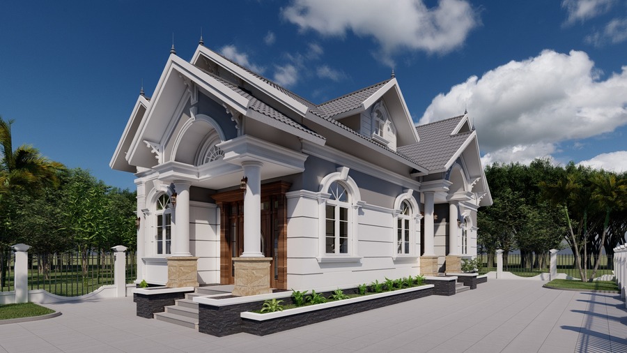 Nhà cấp 4 phong cách tân cổ điển với mái ngói, cột trụ lớn, sân rộng và cây xanh xung quanh.