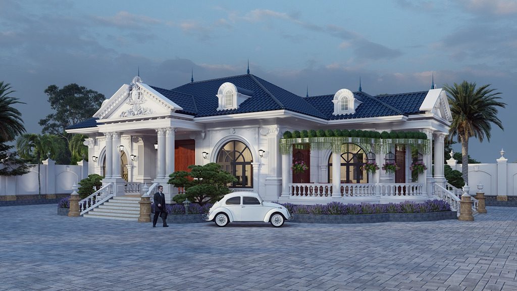 Biệt thự kiểu cổ điển với mái xanh, cột trắng, xe hơi cổ điển, cây cối xung quanh, và bầu trời mây xanh.