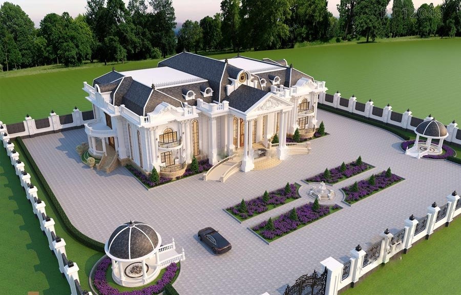 Biệt thự cổ điển sang trọng với vườn cây xanh và sân rộng lát gạch.