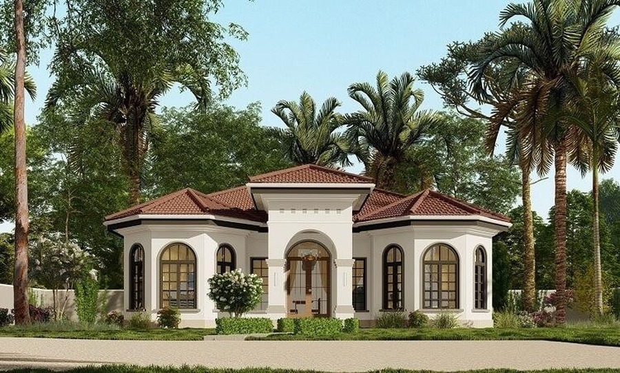 Nhà vườn một tầng phong cách hiện đại, mái ngói đỏ, xung quanh là cây xanh và cọ cao.