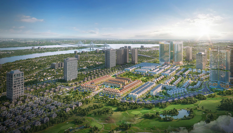 bkt-2 Khu đô thị hiện đại với tòa nhà cao tầng, công viên xanh mát và sông nước bao quanh nhìn từ trên cao.