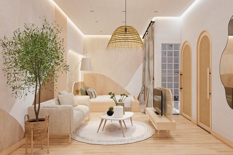 bo-ban-ghe-tiep-khach-phong-ngu-homestay Phòng khách tông màu nhạt với sofa, bàn gỗ và cây cảnh, mang đậm phong cách hiện đại tối giản.