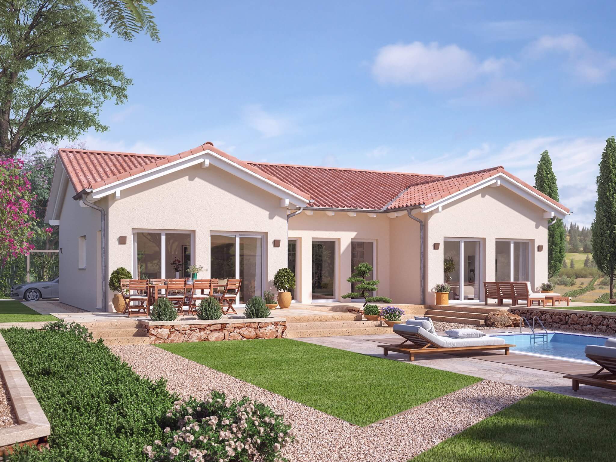 Nhà một tầng hiện đại với mái ngói đỏ, sân vườn xanh mát và hồ bơi nhỏ trong ánh nắng ban mai.