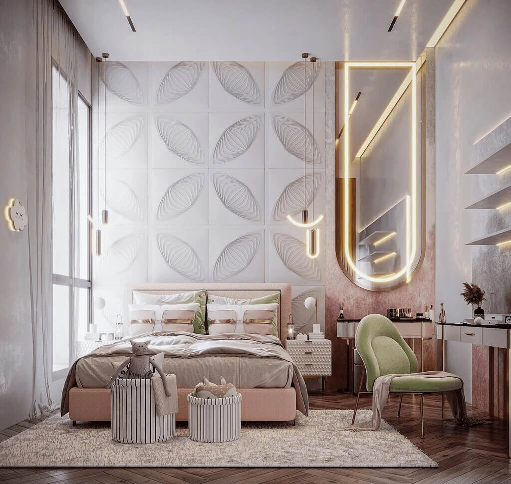 Phòng ngủ hiện đại với giường sang trọng, ghế xanh, tường họa tiết và ánh sáng vàng ấm áp, tạo không gian thư giãn.