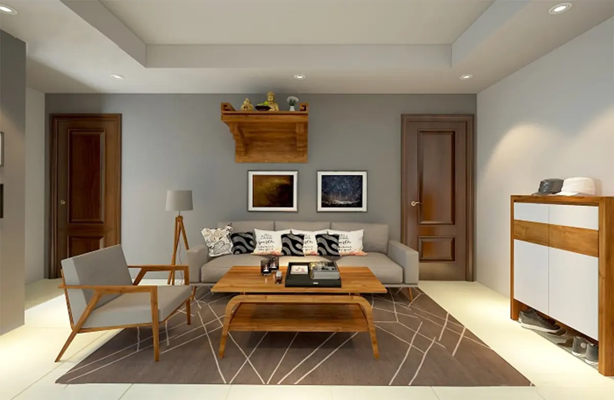 Phòng khách hiện đại với sofa xám, bàn gỗ và đèn đứng, trang trí tranh và thảm trải sàn sang trọng.