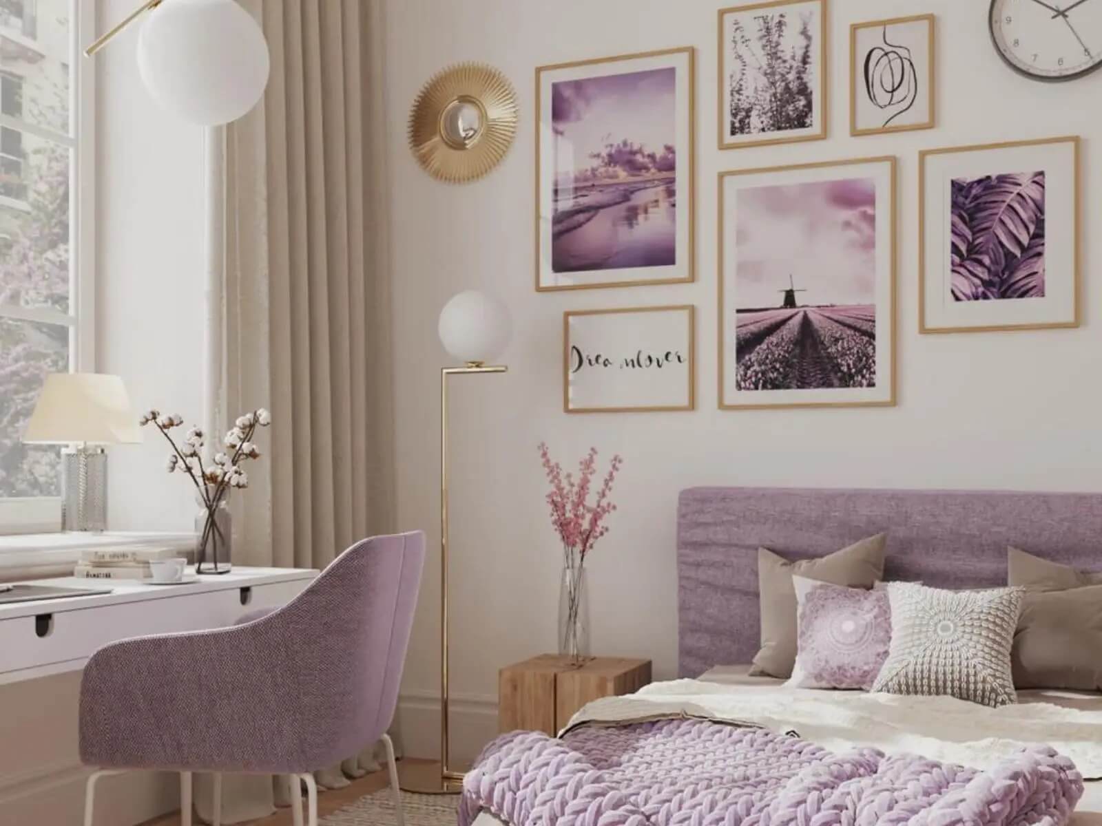 Phòng ngủ hiện đại với tông màu tím, tranh treo tường nghệ thuật và nội thất tối giản.