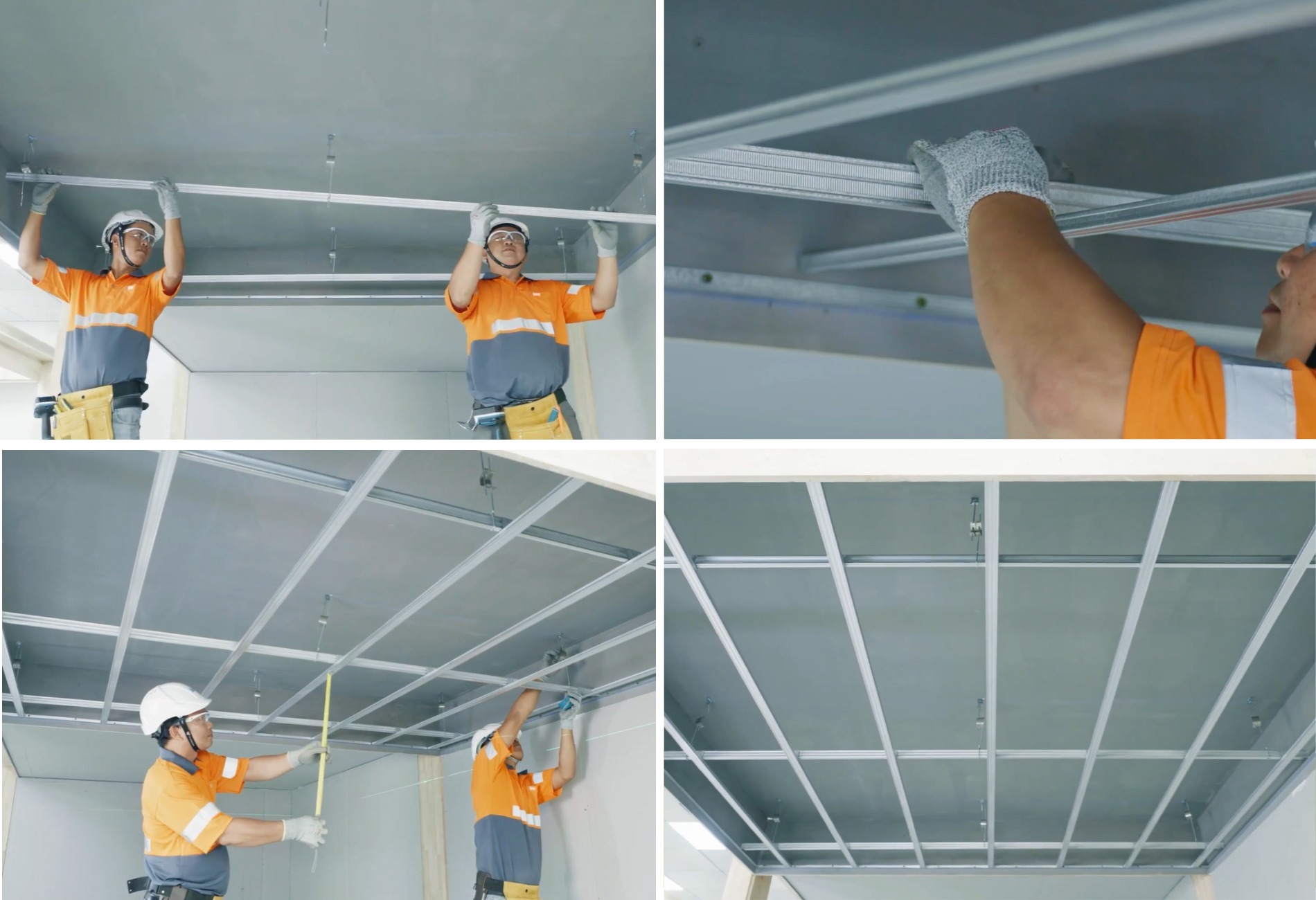 cac-buoc-thi-cong-tran-thach-cao-cong-2 Công nhân lắp đặt khung trần thạch cao trong quá trình xây dựng, sử dụng dụng cụ an toàn.