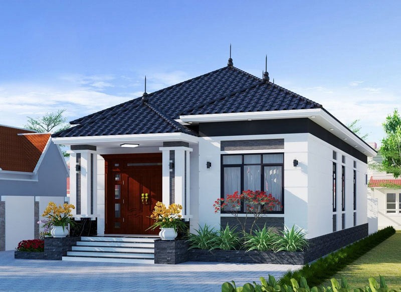 cac-buoc-tinh-toan-chi-phi-xay-nha-1-tang-100m2-chi-tiet-2 Nhà cấp 4 mái thái hiện đại với sân vườn xanh, cửa gỗ, và mái ngói xám cho không gian sống thoáng đãng.