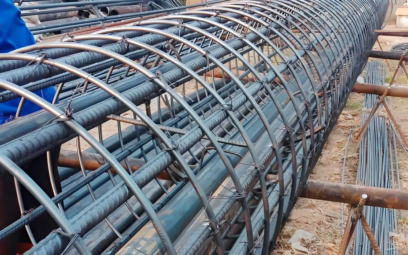 cac-loai-coc-khoan-nhoi-pho-bien Khung cốt thép xây dựng cầu đường đang được lắp ráp, chuẩn bị cho quá trình đổ bê tông.