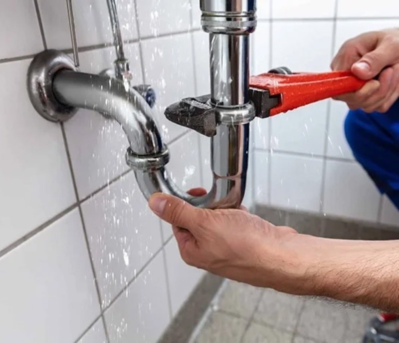 Thợ sửa ống nước sửa chữa ống bị rò rỉ trong phòng tắm bằng cờ lê, nước đang tràn trên sàn.