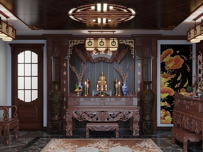 Bàn thờ gia tiên gỗ chạm khắc tinh xảo với tượng Phật và lư hương, bày trí trầm lắng và trang nghiêm.