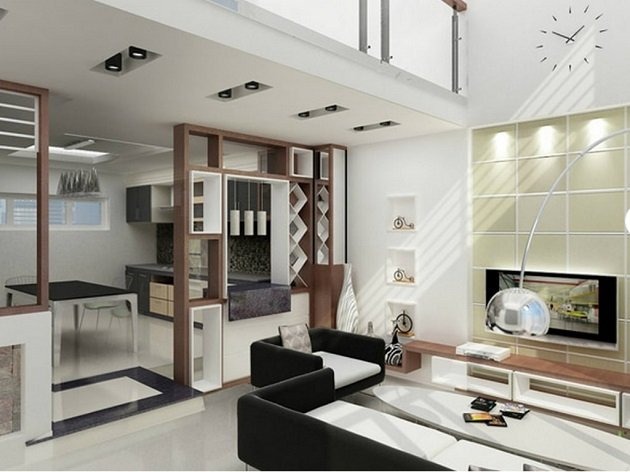 cac-yeu-to-can-luu-y-khi-chon-vach-ngan-thach-cao-ben-dep-1-1 Phòng khách hiện đại với sofa đen trắng, kệ gỗ, đèn sàn và nhà bếp liền kề tông màu sáng.