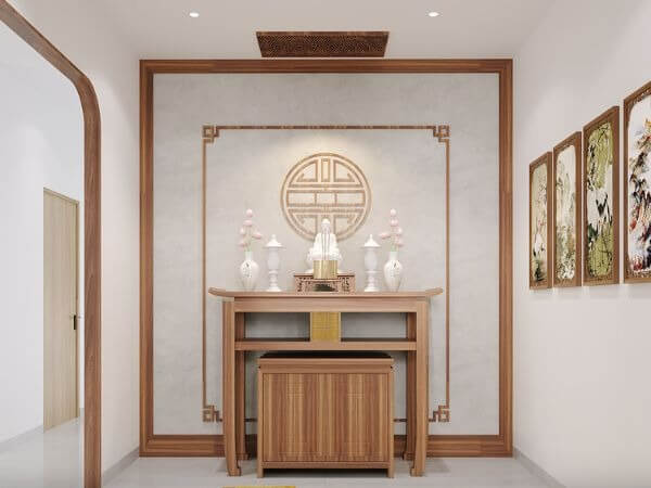 Phòng thờ hiện đại với bàn thờ gỗ và tranh treo tường, tạo không gian trang nghiêm và ấm cúng.