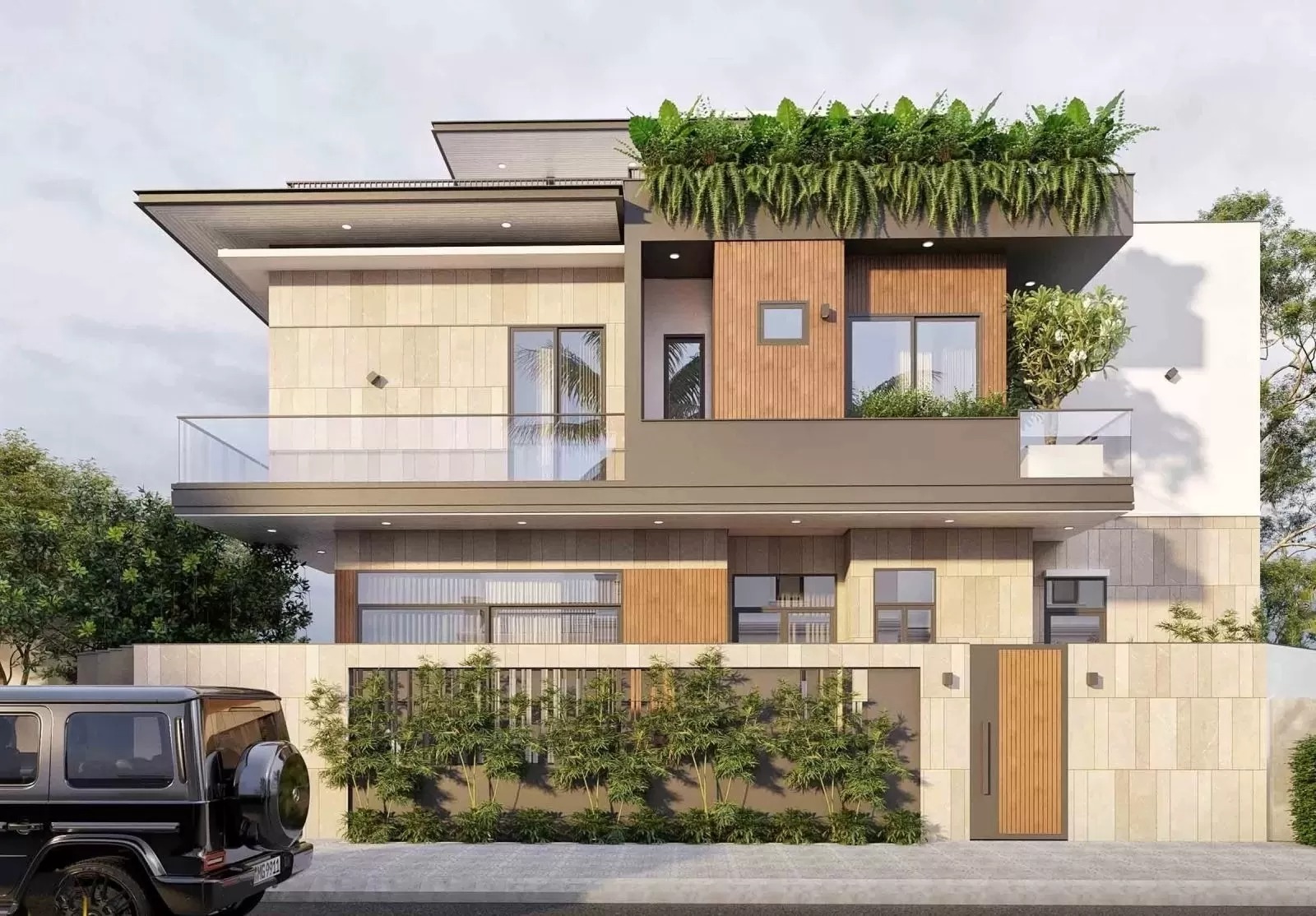 cac-yeu-to-tac-dong-den-chi-phi-xay-nha-1-tang-100m2-1 Ngôi nhà hiện đại hai tầng với thiết kế cây xanh trên sân thượng và xe hơi đen phía trước.