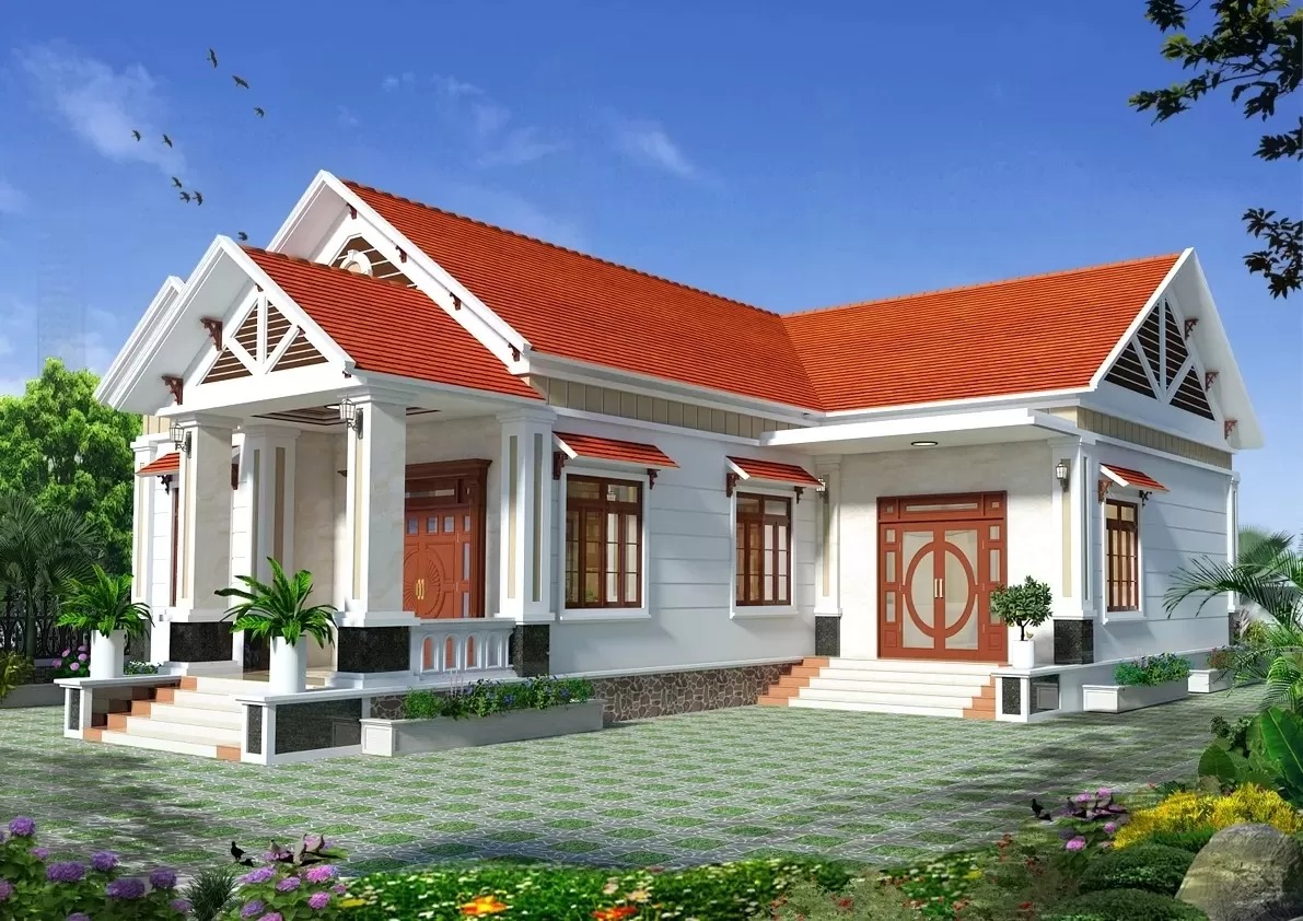 Nhà cấp 4 mái ngói đỏ, thiết kế hiện đại với sân vườn rộng rãi, cửa sổ gỗ sang trọng.