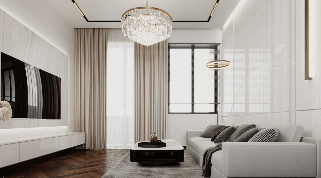 Phòng khách sang trọng với sofa xám, đèn chùm pha lê và bàn gỗ, tạo không gian hiện đại và thanh lịch.