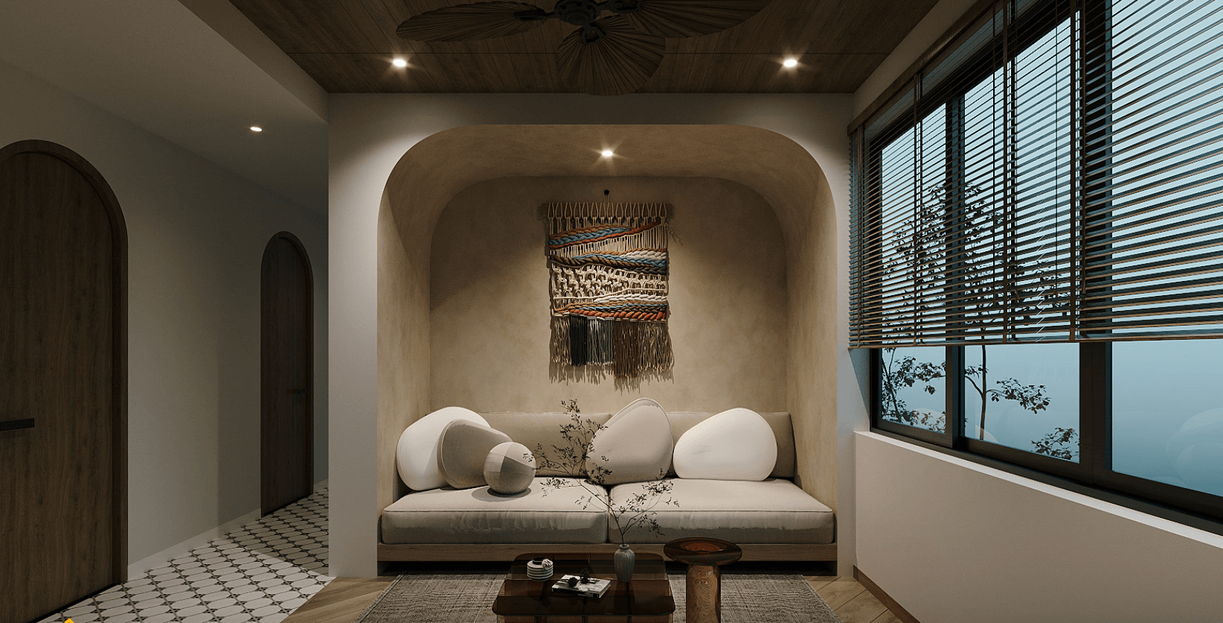 Phòng khách hiện đại với sofa, trang trí tường nghệ thuật và cửa sổ lớn có rèm gỗ.