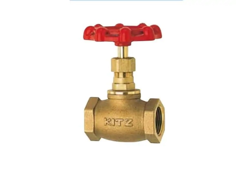 Van cầu đồng KITZ với tay vặn đỏ, dùng để điều chỉnh dòng chảy chất lỏng trong hệ thống ống nước.