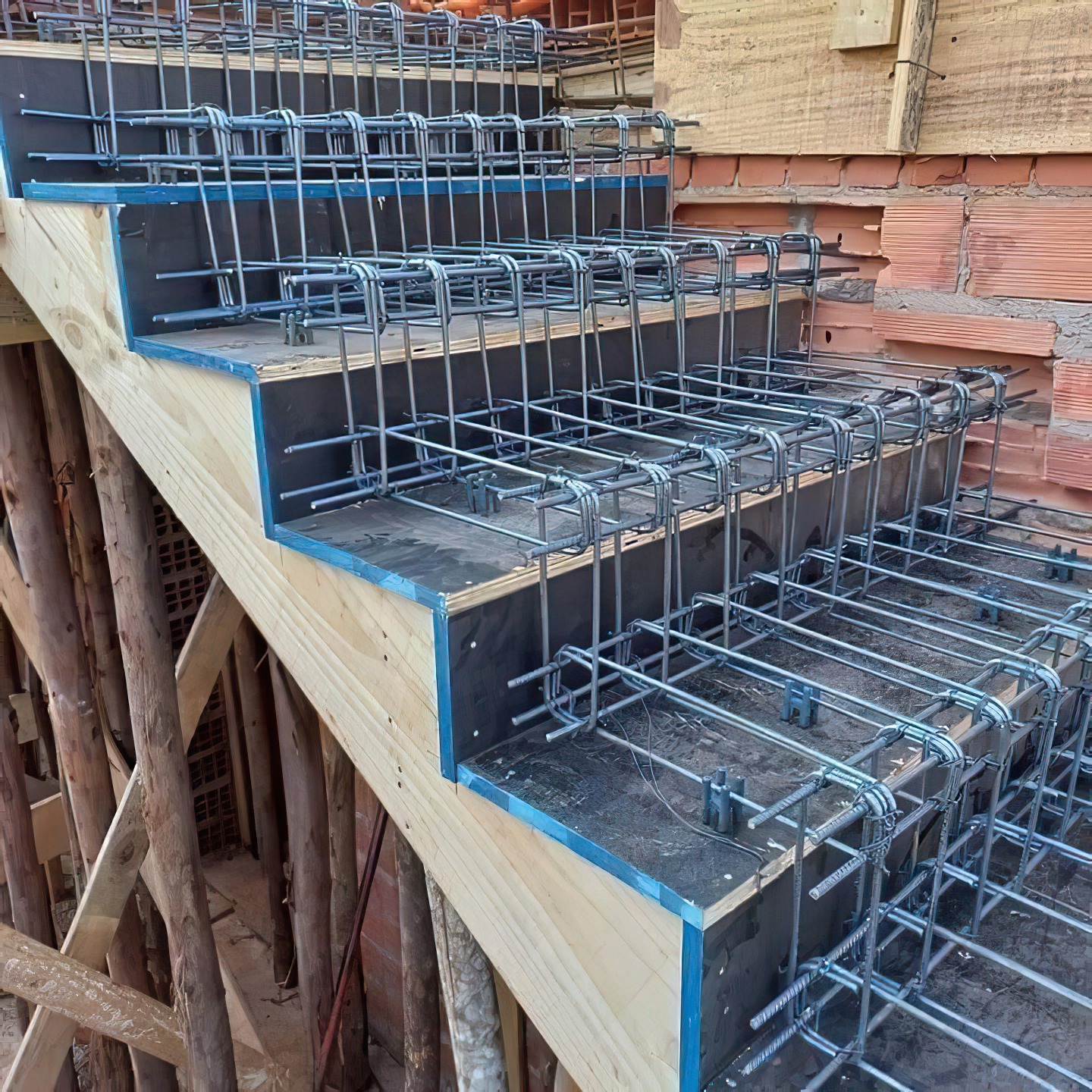 cach-lap-dung-cot-thep-cho-cau-thang Công trình xây dựng cầu thang với khung thép và ván khuôn gỗ tại công trường.