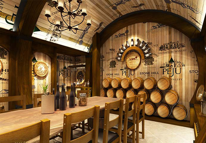 Hầm rượu sang trọng với bàn gỗ, ghế và thùng rượu, trang trí ánh sáng cổ kính, tạo ra không gian ấm áp và độc đáo.